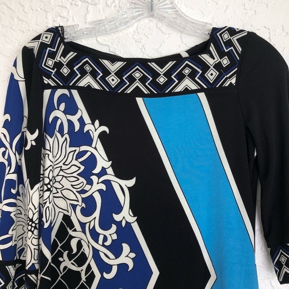 Donna Morgan Dress Shift 3/4 Sleeve Boat Neck Size 4 Petite Geometric Design - Picture 2 of 4